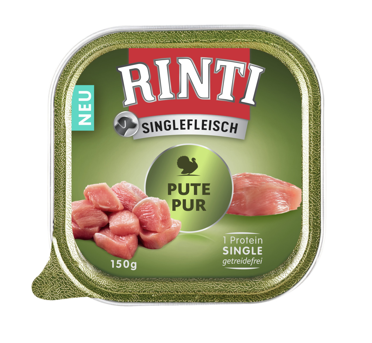 RINTI Singlefleisch Pute Pur: Nassfutter f. ernährungssensible Hunde, getreidefrei, 150 g, 1 Proteinquelle, reines Putenfleisch.