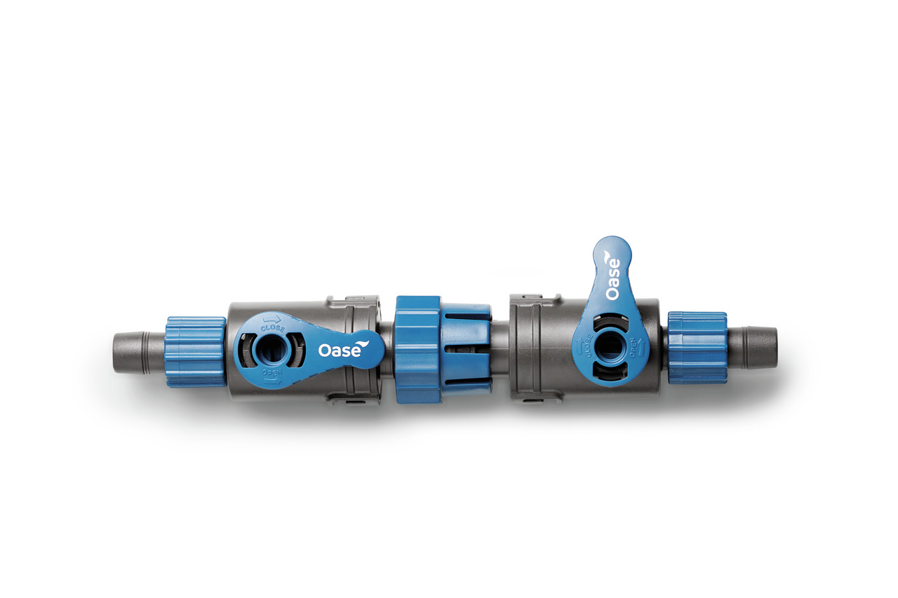 Oase Schlauchverbinder-Durchflussregler, robust, Kunststoff, 2 blaue Drehverschlüsse+Hebel, für Teich--Aquarienbesitzer, Wassersteuerung.