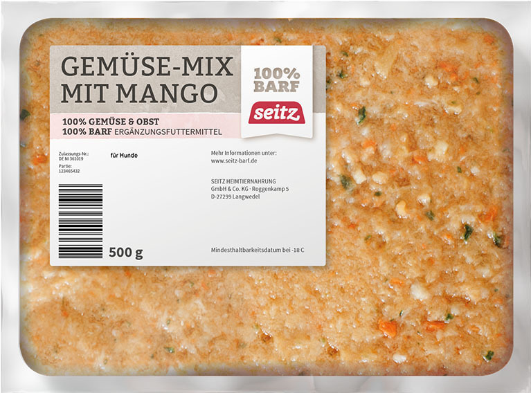 Seitz Gemüse-Mix mit Mango, Ergänzungsfuttermittel für Hunde, 100 % Gemüse & Obst, BARF-geeignet, 500 g.
