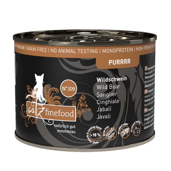 Catz finefood N° 109 Katzenfutter, Wildschwein, 98 % Fleisch, getreidefrei, monoprotein, ohne Tierversuche, 200 g.