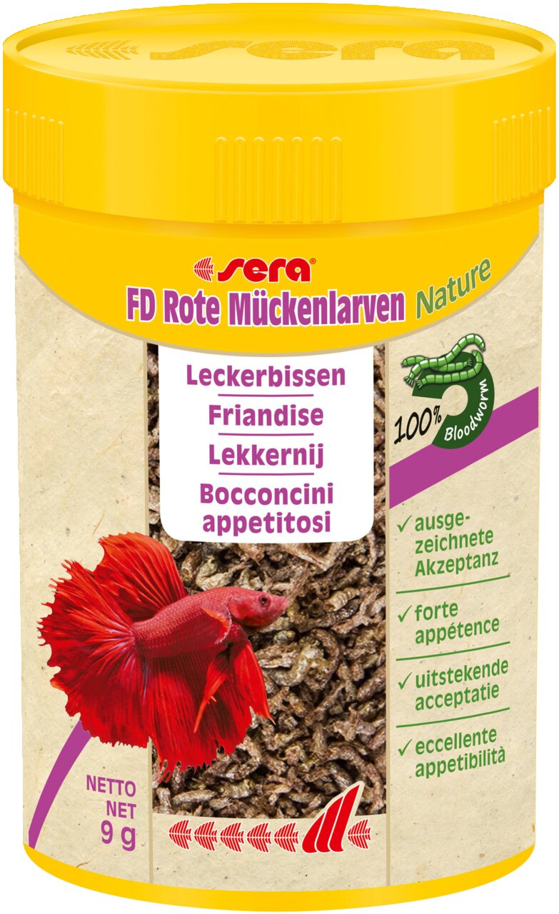 sera FD Rote Mückenlarven Nature, Fischfutter f. Zierfische, 100 % rote Mückenlarven, hohe Akzeptanz, 9 g
