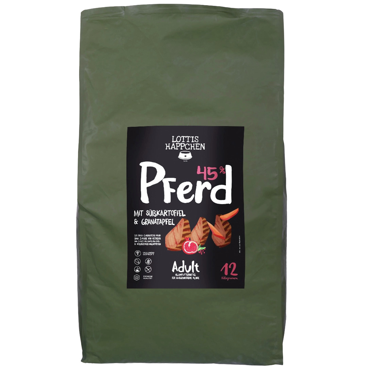 Lottis Häppchen Hundefutter Adult, Pferd, Süßkartoffel & Granatapfel, 45 % Pferdefleisch, 12 kg, grüne Verpackung.