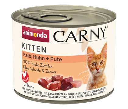Animonda Carny Kitten "Kalb, Huhn + Pute", 200 g, 100 % frisch, ohne Getreide-Zucker, reich an Taurin.