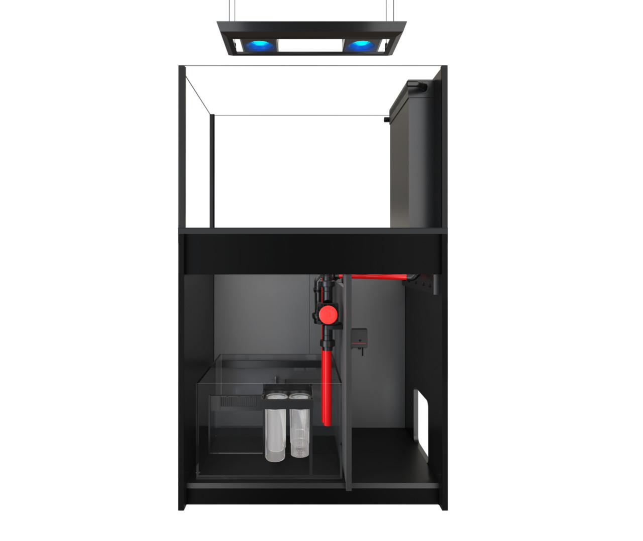 Das Bild zeigt das Red Sea Reefer Aquarium-System, ein hochwertiges Produkt für Aquaristik-Enthusiasten. Es richtet sich an erfahrene Aquarienbesitzer und bietet eine moderne, offene Konstruktion mit integriertem Filtersystem. Sichtbar sind ein Unterschra