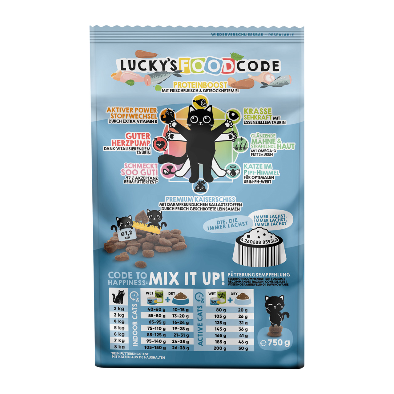 Lucky's Food Code, Premium-Trockenfutter für Katzen, alle Altersgruppen, Frischfleisch & Ei, 750 g, Proteinboost, Omega-3, Taurin.