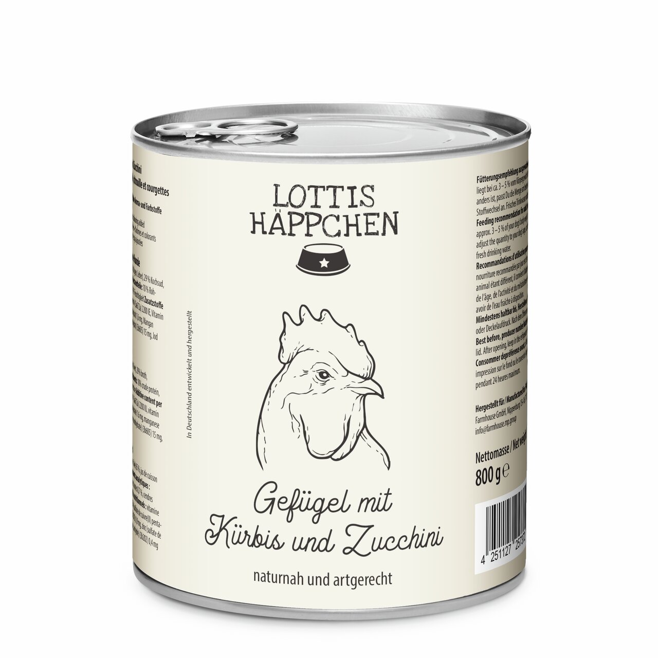 Lottis Häppchen Geflügel mit Kürbis und Zucchini, Hunde-Nassfutter, 800 g Dose, naturnah und artgerecht für ausgewogene Ernährung.