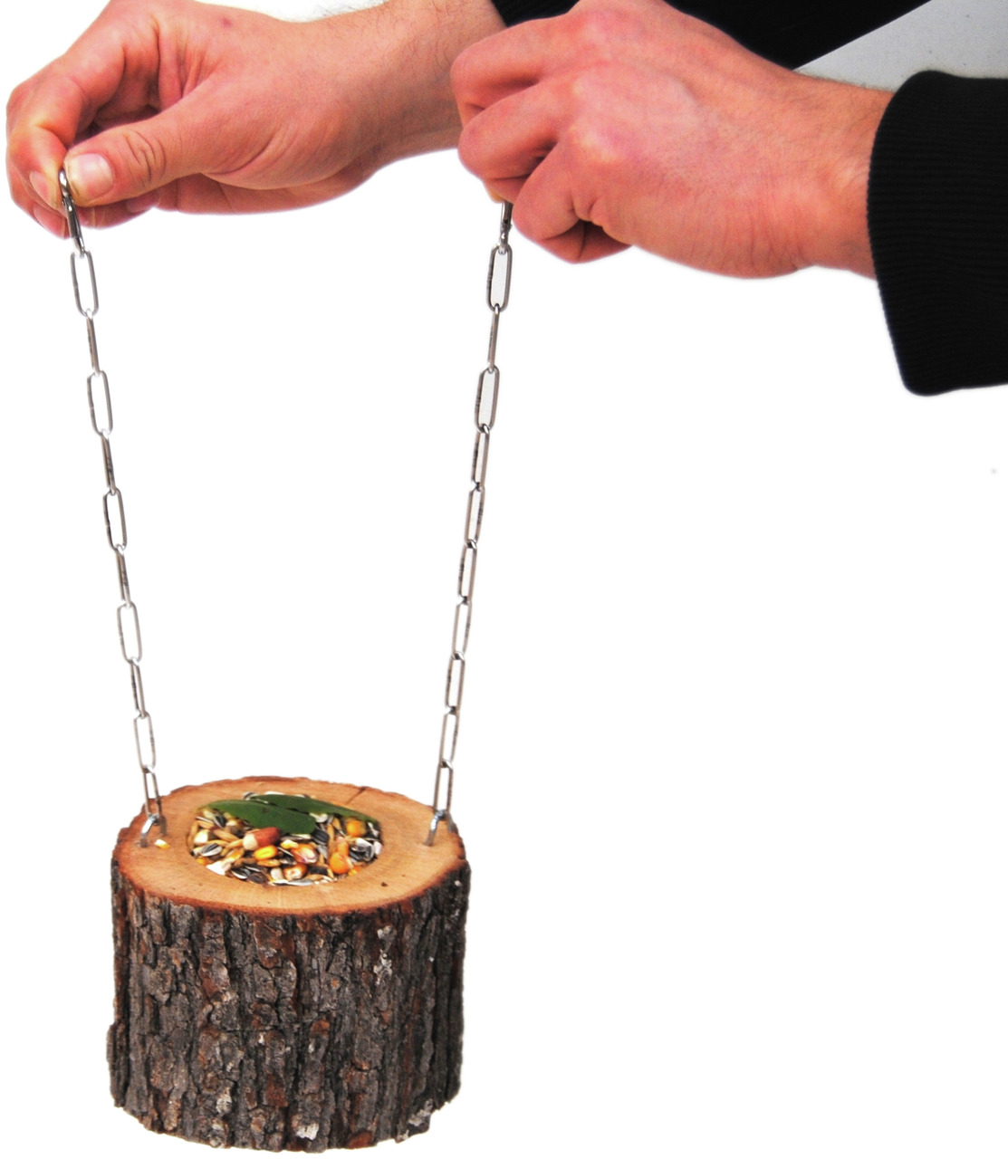 Ollesch Vogelfutterspender, Holz, für Wildvögel, mit Körnern/Samen, Metallkette, ideal für Vogelhalter & Naturliebhaber.