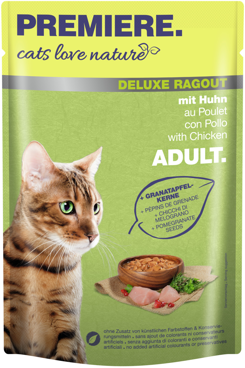 PREMIERE cats love nature Deluxe Ragout, Adult Katzen, Huhn & Granatapfelkerne, 85 g, grüne Verpackung mit Katze & Ragout.