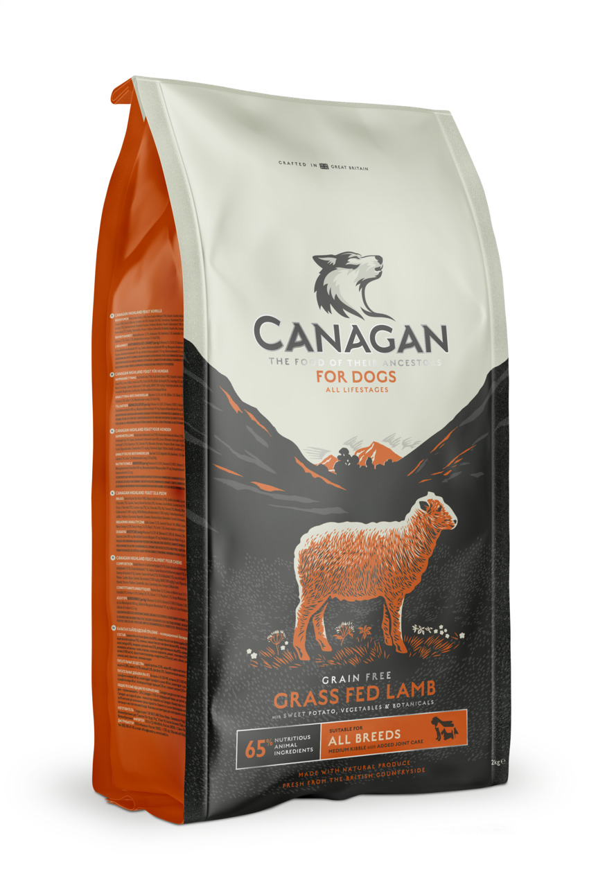 Canagan Grain Free Grass Fed Lamb, für alle Hunde, Geschmack Lamm, mit Süßkartoffeln, 2 kg, getreidefrei, 65 % tierische Zutaten.