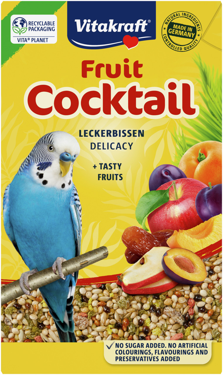 Vitakraft Fruit Cocktail, Premium-Vogelfutter für Wellensittiche, Früchte+Körner, ohne Zuckerzusatz, 100% recycelbar, Made in Germany.