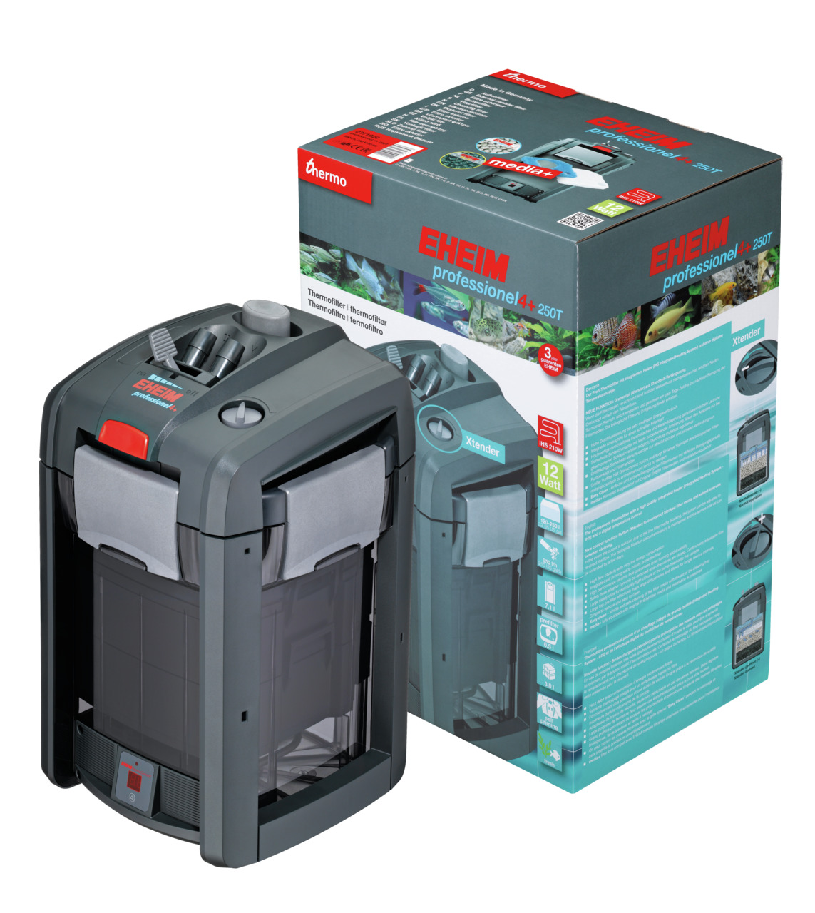 Das Bild zeigt den EHEIM professionel 4+ 250T Thermofilter, ein hochwertiges Aquarium-Außenfiltersystem für Aquarienliebhaber. Der Filter ist für Süßwasseraquarien geeignet und verfügt über eine integrierte Heizung. Die Verpackung hebt Funktionen wie die 