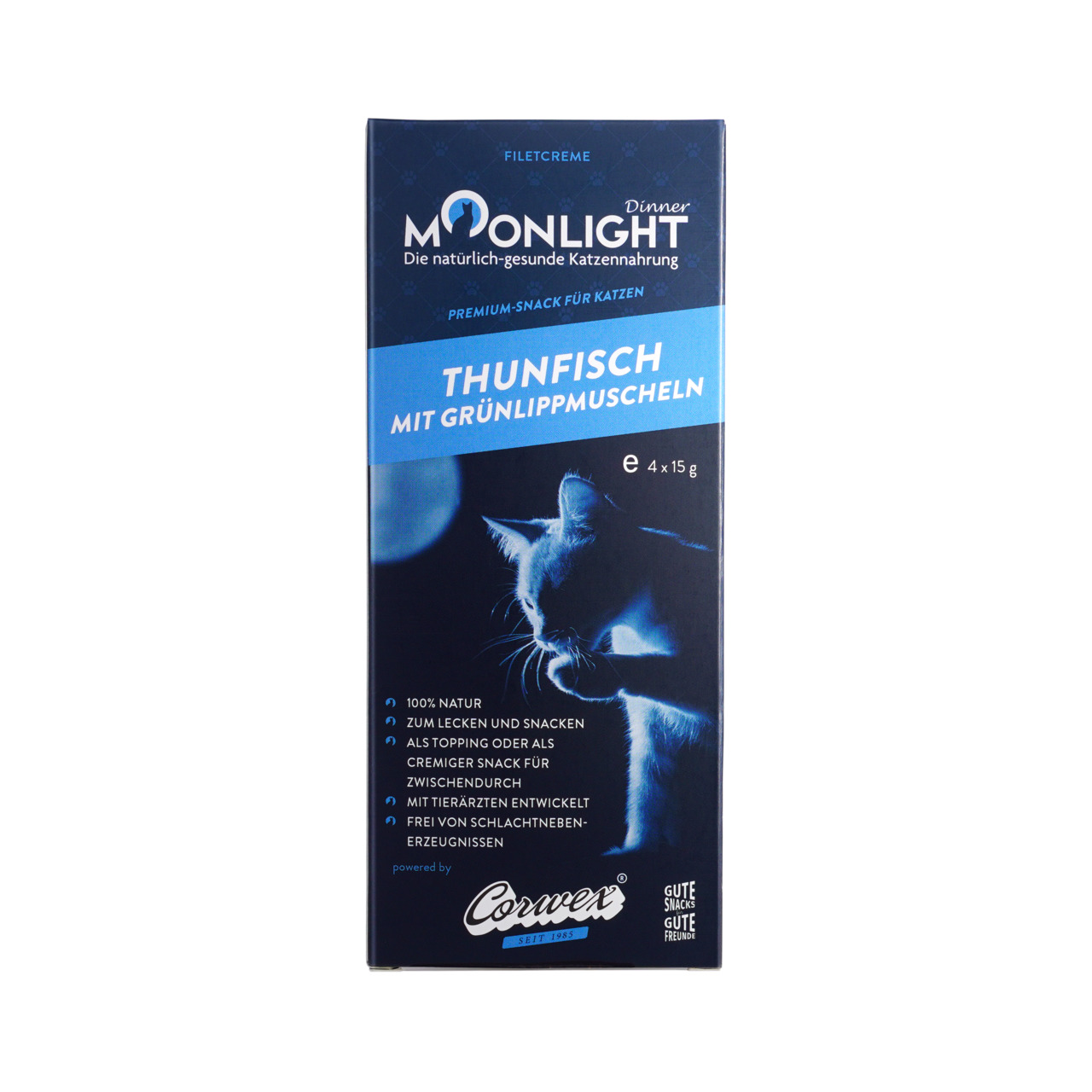 Moonlight Dinner Filetcreme, Snack f. Katzen, Thunfisch+Grünlippmuscheln, 100% Natur, 4x15g, mit Tierärzten entwickelt, ohne Schlachtneb.