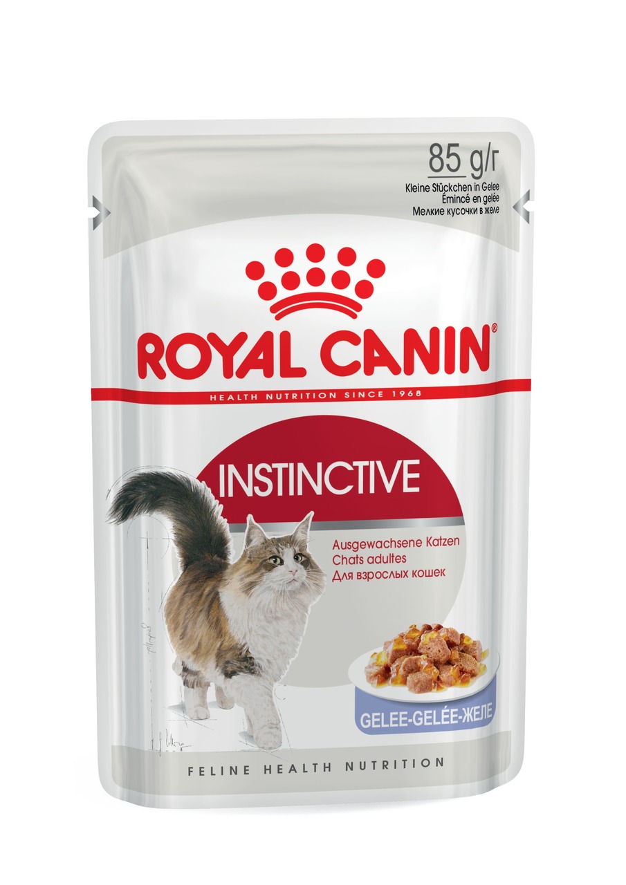 Das Bild zeigt eine Verpackung des Katzenfutters „ROYAL CANIN Instinctive“ für ausgewachsene Katzen. Die Geschmacksrichtung ist kleine Stückchen in Gelee. Die Verpackung enthält 85 g. Das Produkt ist speziell auf die Bedürfnisse erwachsener Katzen abgesti