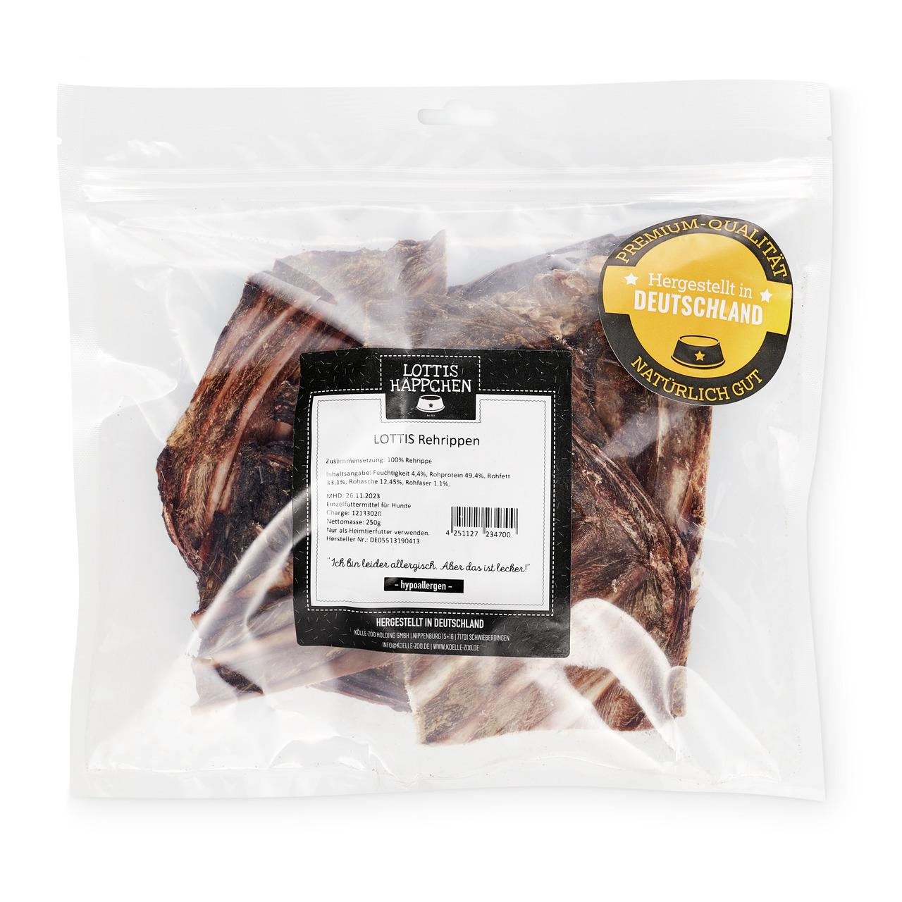 Lottis Häppchen Rehrippen: hypoallergener Kausnack f. Hunde, Geschm.: 100 % Reh, Premium-Qualität, Menge: getrocknete Rehrippen.