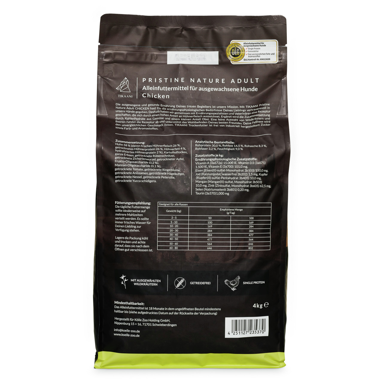 TIKAANI Pristine Nature Adult Chicken, getreidefreies Alleinfutter für ausgewachsene Hunde, Huhn, 4 kg, mit ausgewählten Wildkräutern.