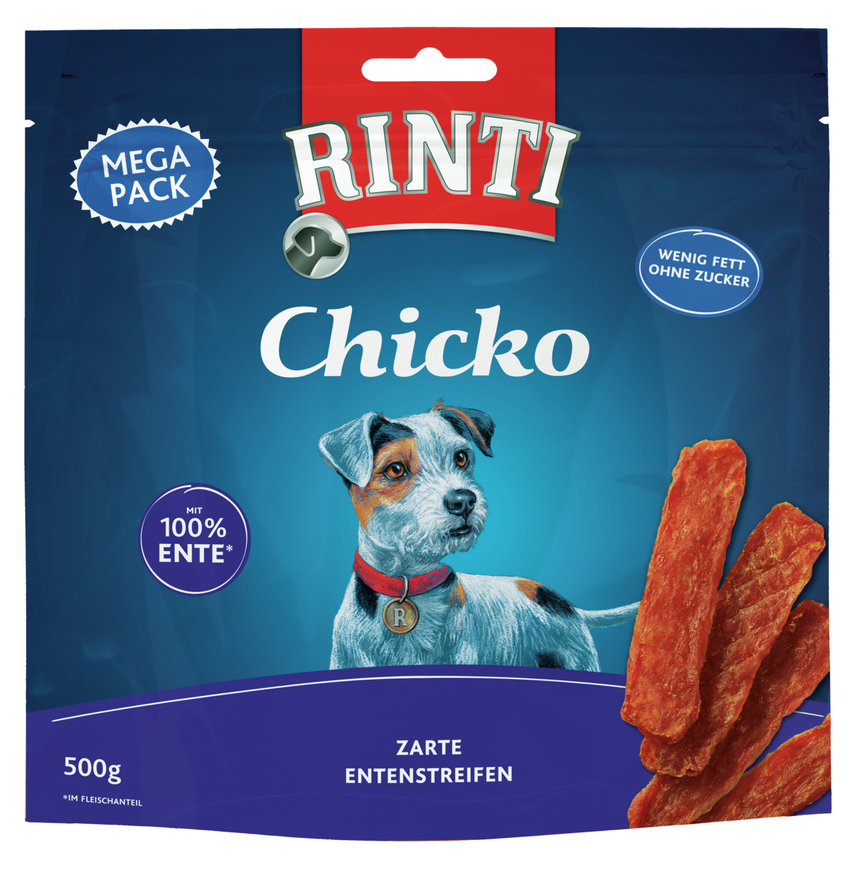 Das Bild zeigt eine Verpackung des Hundefutterprodukts „RINTI Chicko“ in der Geschmacksrichtung Ente. Es handelt sich um einen Mega Pack mit 500 g zarten Entenstreifen, die aus 100 % Entenfleisch bestehen. Die Zielgruppe sind Hunde. Die Verpackung wirbt m