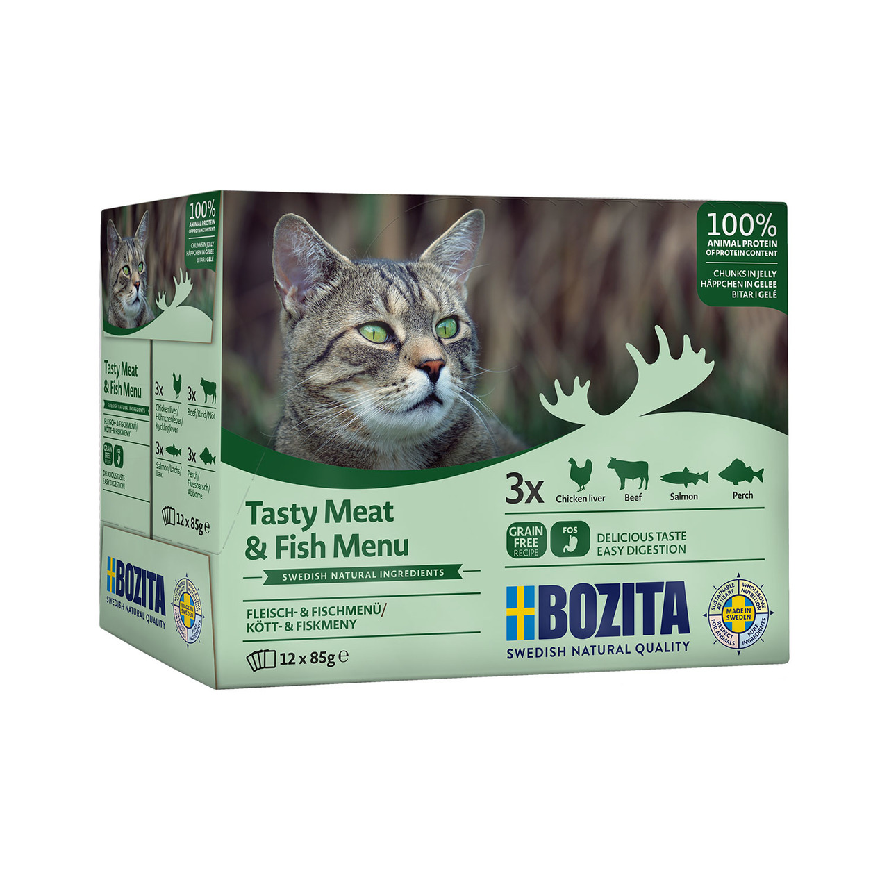 Bozita Tasty Meat & Fish Menu, Katzen, Hühnerleber/Rind/Lachs/Barsch, getreidefrei, leichte Verdauung, 12x85 g.