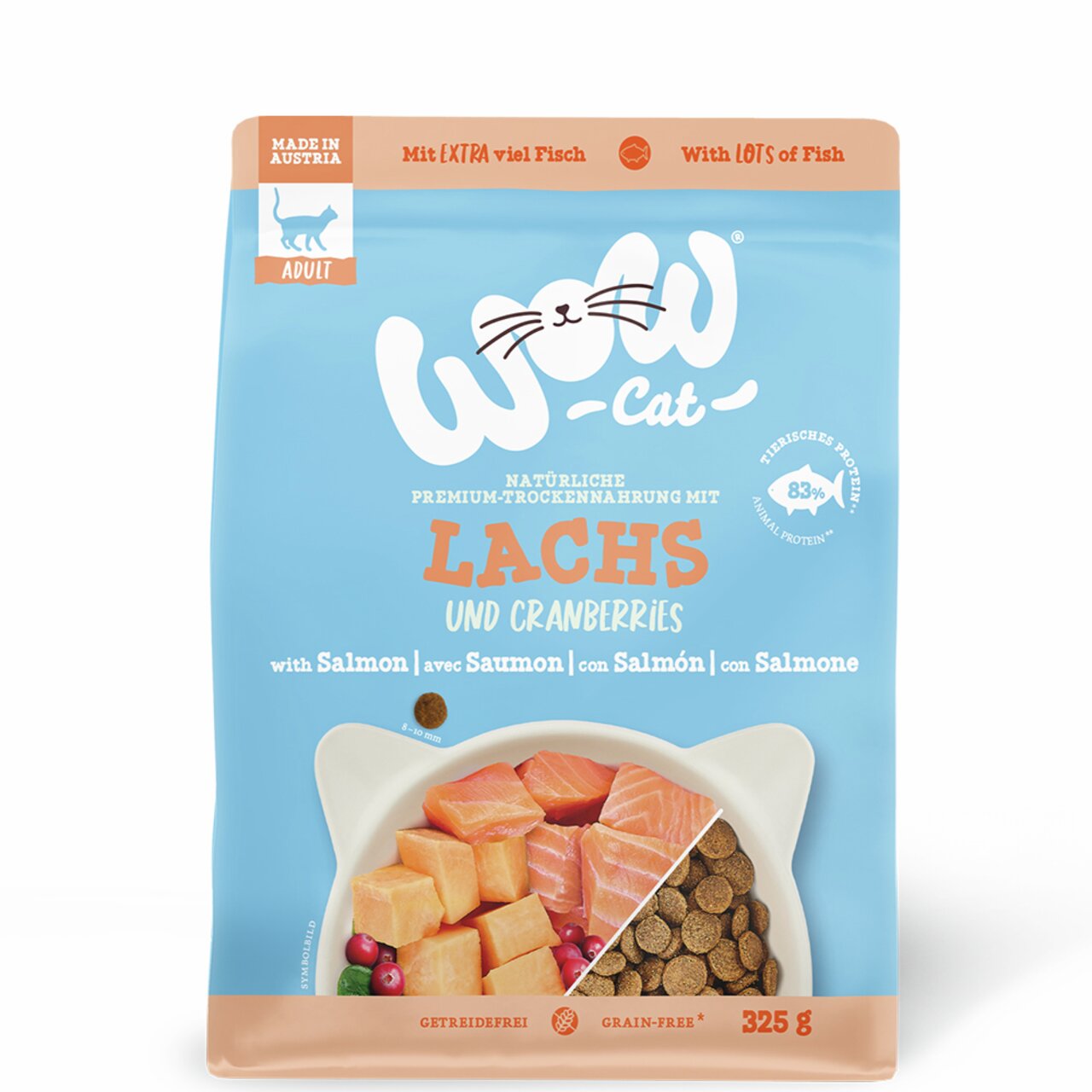 WOW CAT Trockenfutter für erwachsene Katzen, Geschmacksrichtung Lachs & Cranberries, getreidefrei, 325 g, mit 83 % tierischem Protein.
