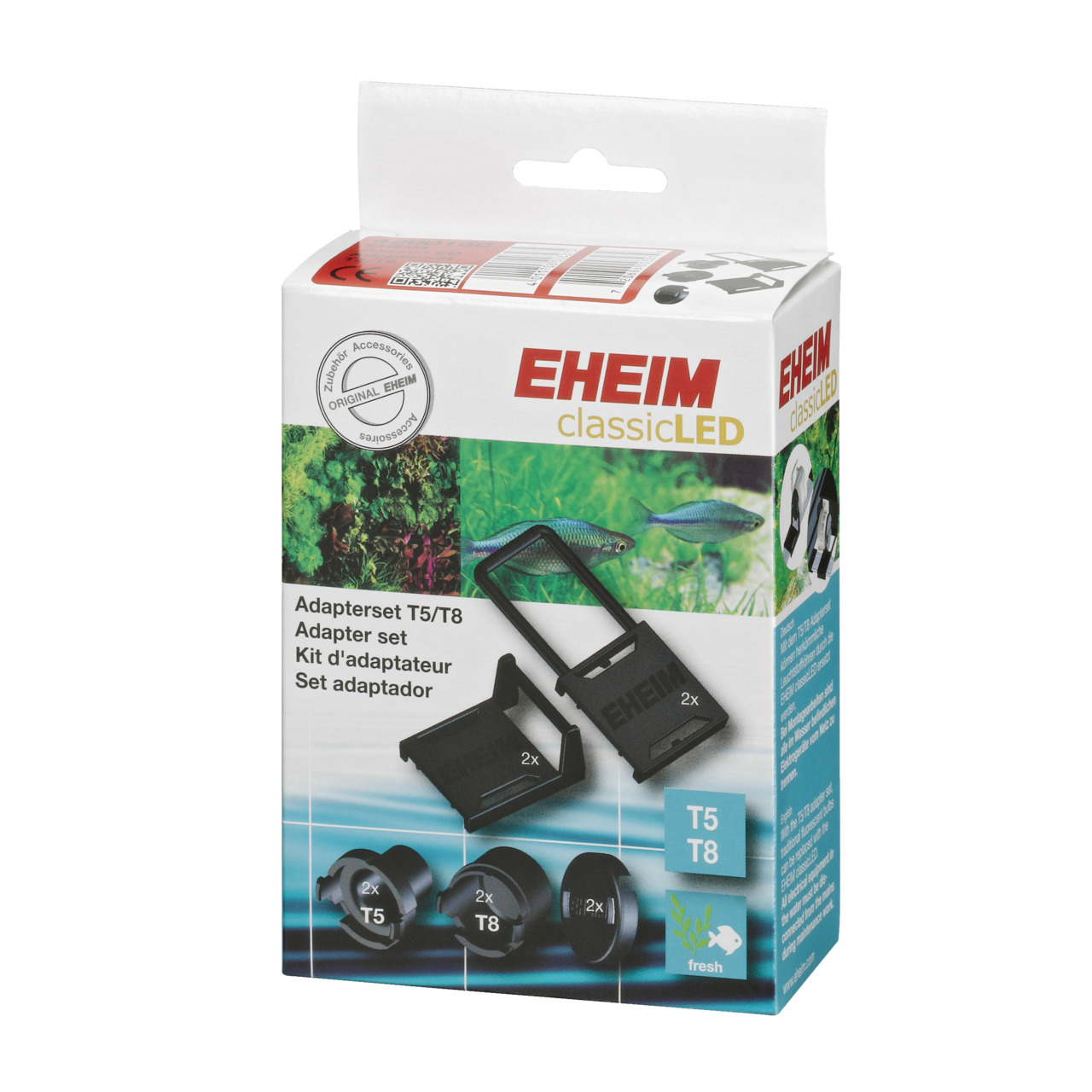 Das Bild zeigt die Verpackung des EHEIM Adaptersets T5/T8 für die classicLED-Serie. Es handelt sich um ein Zubehör für Aquarienbeleuchtung, das speziell für Süßwasseraquarien geeignet ist. Die Verpackung enthält zwei Adaptersets, die auf der Vorderseite a
