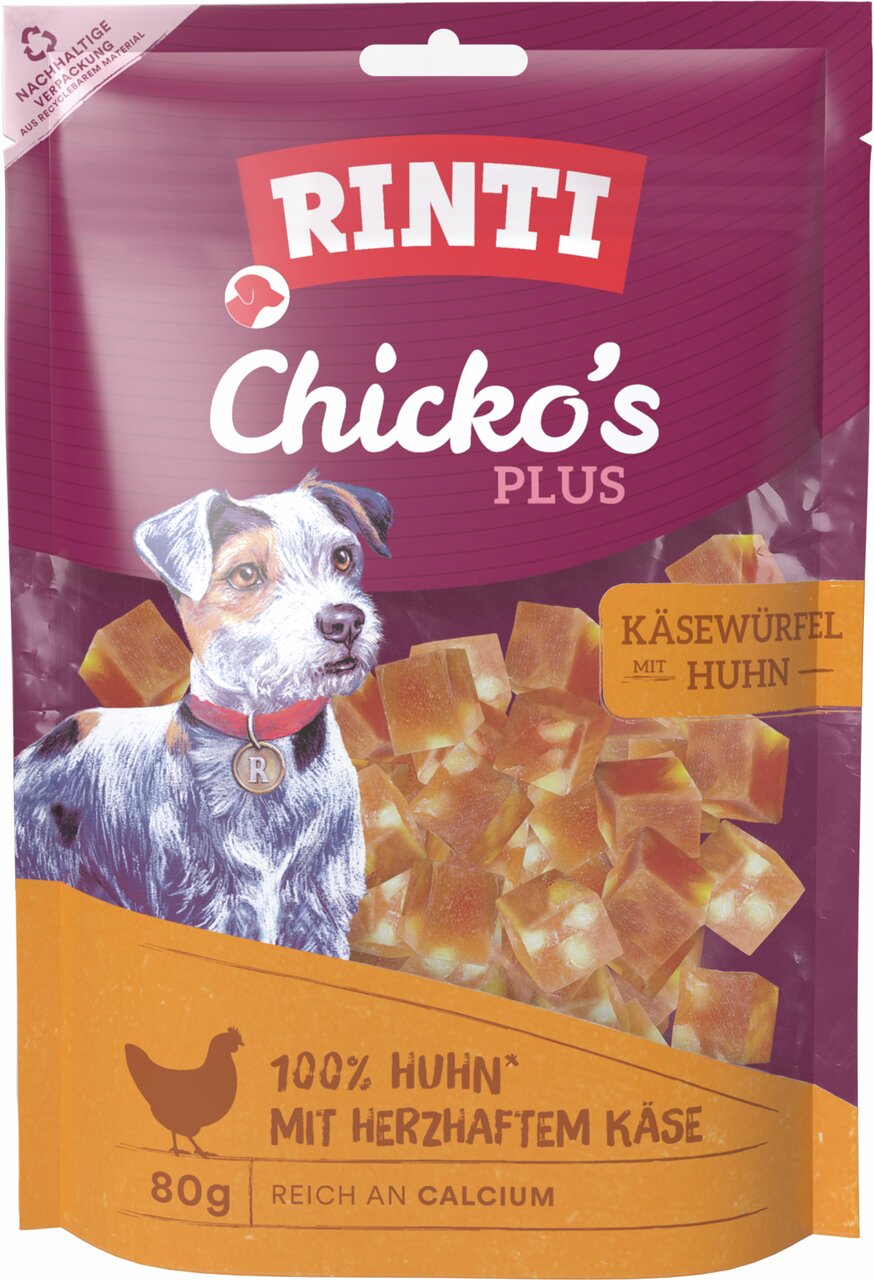 RINTI Chicko's Plus Käsewürfel mit Huhn, 80g, für Hunde, reich an Calcium, 100% Huhn, herzhaftem Käse.