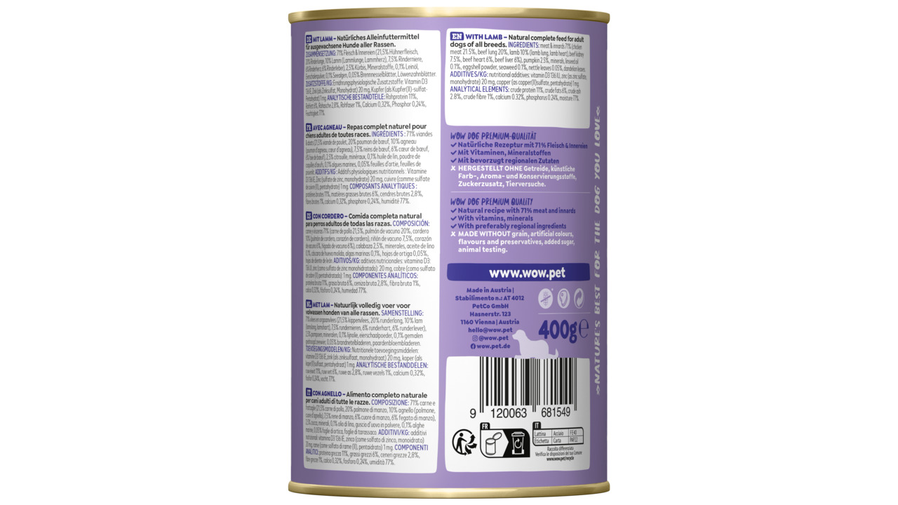 Das Bild zeigt eine violette Dose des Hundefutters "WOW DOG" mit Lammgeschmack. Es handelt sich um ein natürliches Alleinfuttermittel für ausgewachsene Hunde aller Rassen. Die Rezeptur enthält 71 % Fleisch und Innereien, ergänzt mit Vitaminen und Minerals