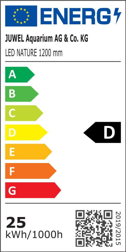 Energieeffizienzlabel für die LED-Beleuchtung "JUWEL LED NATURE 1200 mm" der Marke JUWEL Aquarium AG & Co. KG. Das Label zeigt die Energieeffizienzklasse D, einen Verbrauch von 25 kWh/1000h und enthält einen QR-Code für weitere Informationen.