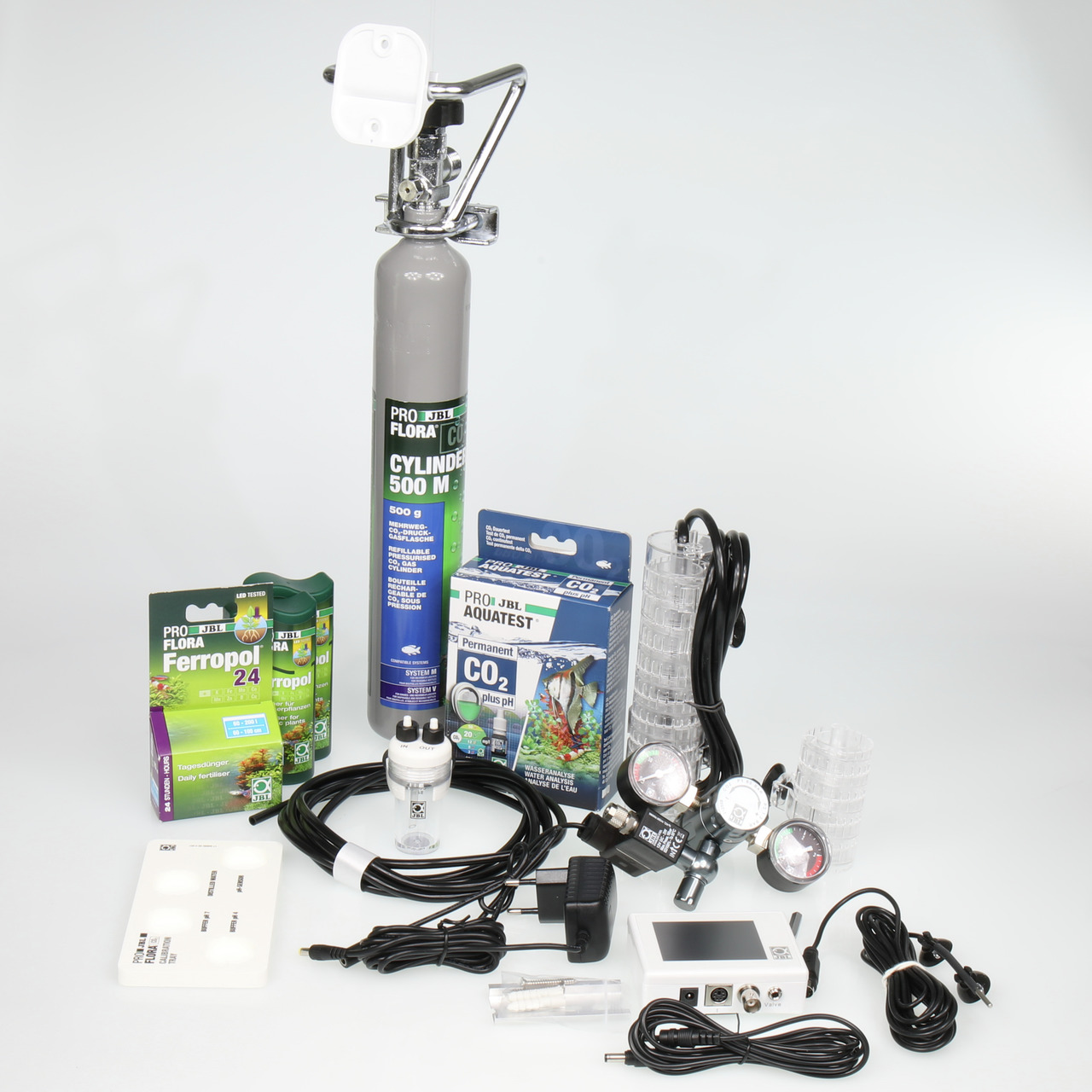 JBL ProFlora CO2-Set, Komplettsystem für Aquarien, 500 g CO2, Druckminderer, Diffusor, Zubehör, fördert Pflanzenwachstum.