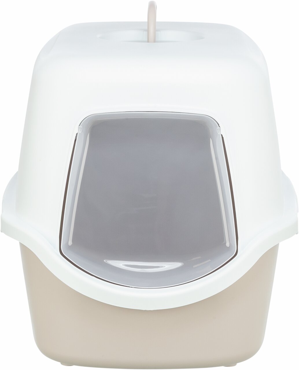 Geschlossene Katzentoilette von TRIXIE, beige-weiß, mit transparenter Tür und Griff oben, geeignet für Katzen.
