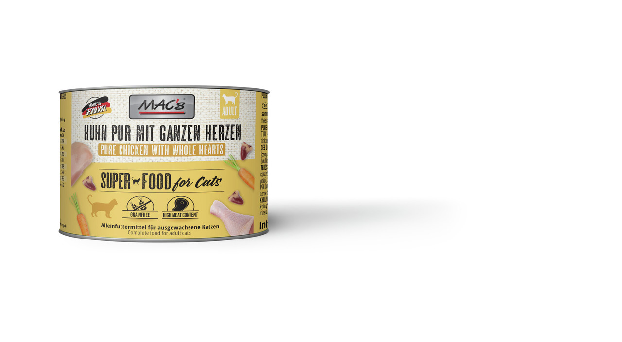 MAC's Huhn pur m. ganzen Herzen, Alleinfutter f. ausgew. Katzen, getreidefrei, hoher Fleischanteil, Geschm.: Huhn, 400 g.