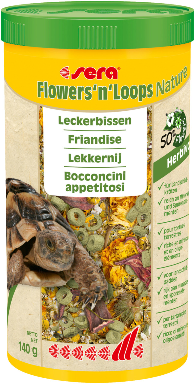 sera Flowers’n’Loops Nature, Futter f. Landschildkröten, 50 % Blüten, reich an Mineralien/Spurenelementen, 140 g.