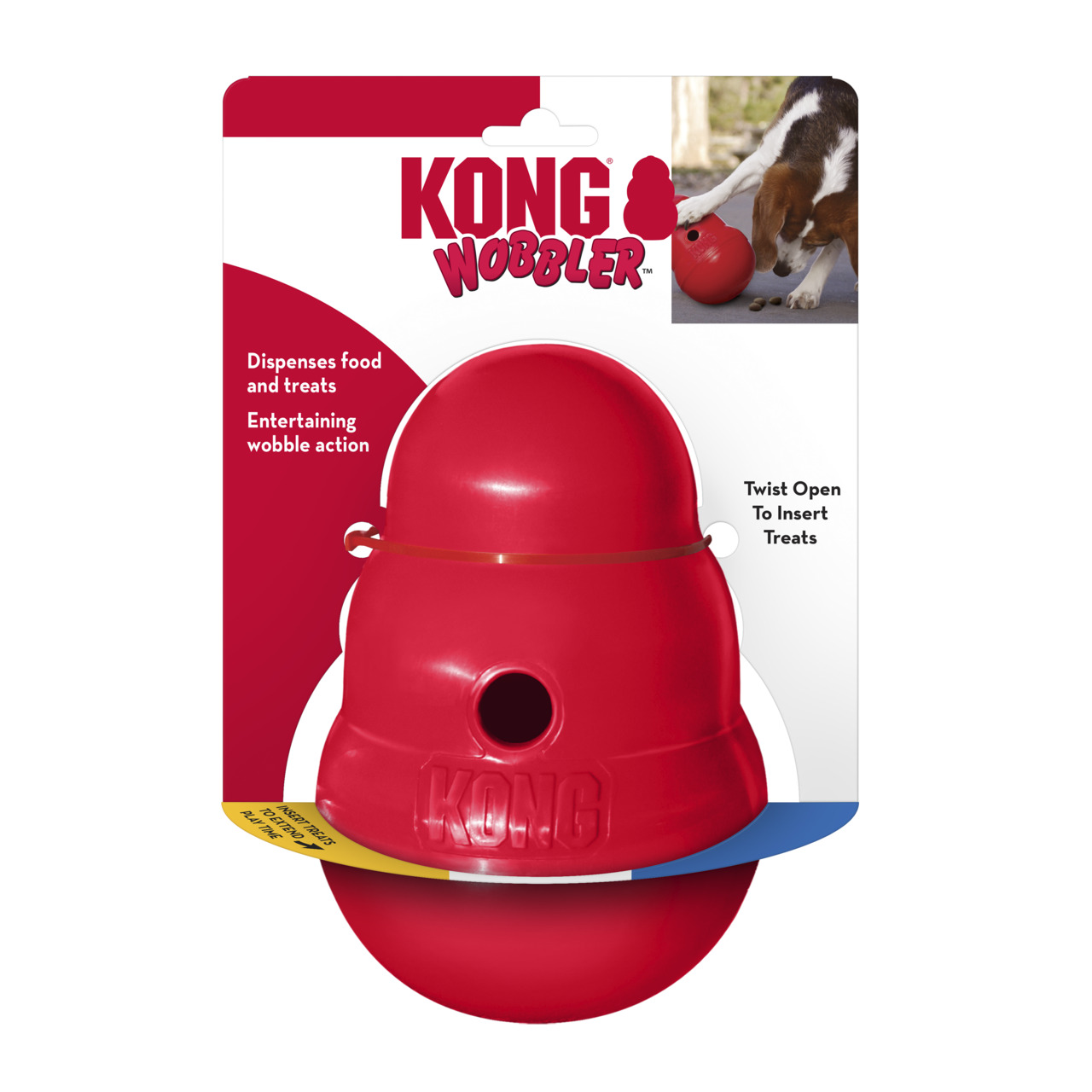 KONG Wobbler, interaktives Hundespielzeug, rot, Futterspender & Beschäftigung, „Dispenses food & treats“, „Entertaining wobble action“.
