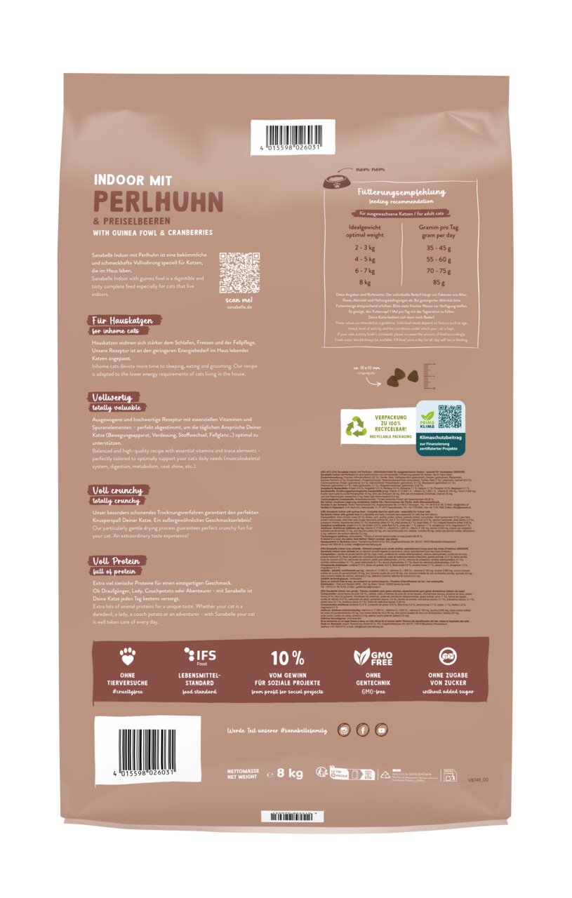 Sanabelle Indoor Katzenfutter, Perlhuhn & Preiselbeeren, 8 kg, für Hauskatzen, reich an Proteinen, verdauungsfördernd, ohne Gentechnik.