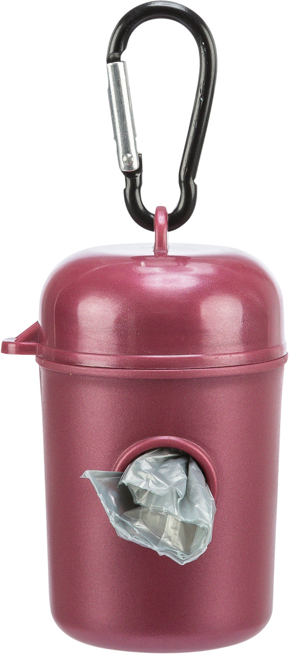 TRIXIE Kotbeutelspender, zylindrisch, dunkelrot, mit Karabiner, für Hundebesitzer, inkl. grauer Beutel, praktisch für unterwegs.