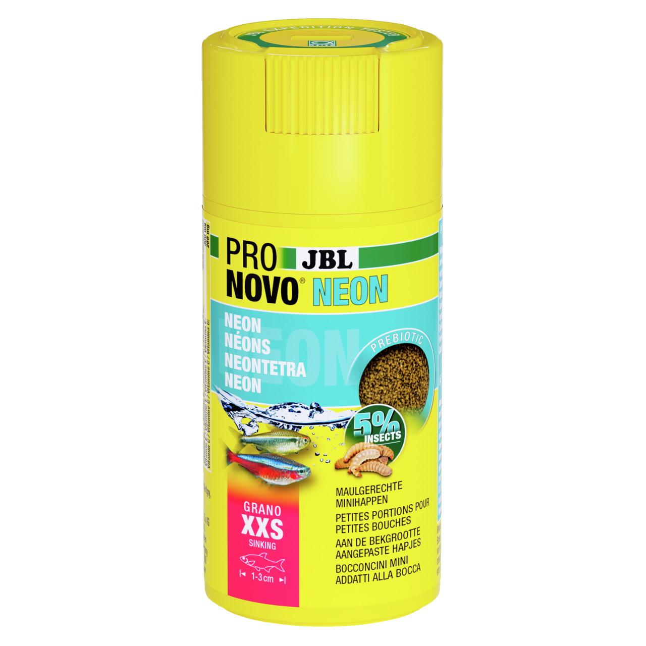 JBL Pro Novo Neon, Fischfutter für Neonfische & kl. Zierfische, 5 % Insekten, XXS (1–3 mm), sinkend, gelbe Dose.