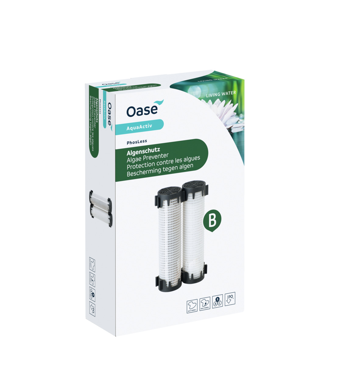 Oase AquaActiv PhosLess, Algenpräventionsmittel f. Teiche, reduziert Phosphate, hemmt Algenwachstum, 2 Filterkartuschen.