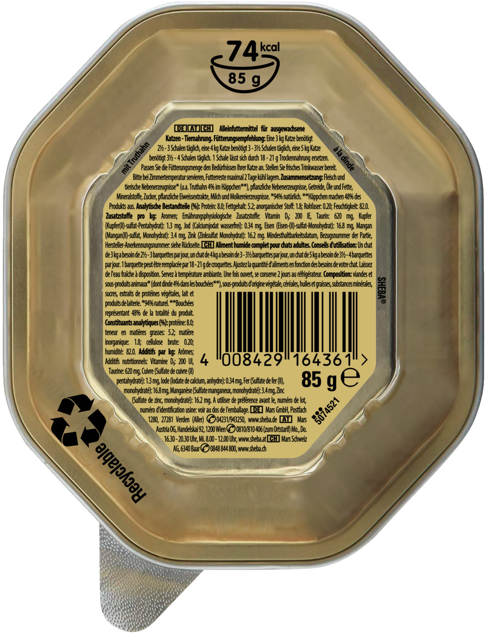Sheba Fine Filets, Alleinfuttermittel für ausgewachsene Katzen, Truthahn, 85 g, mit Nährwertangaben, Fütterungsempfehlungen & Recyclinghinweisen.