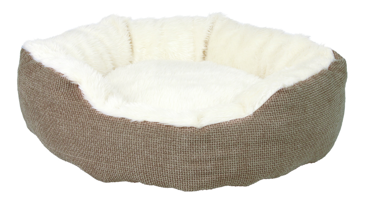 Weiches, rundes Haustierbett von TRIXIE, ideal für Hunde und Katzen. Das Bett hat eine beige-braune Außenfläche aus robustem Stoff und eine kuschelige, cremefarbene Plüsch-Innenfläche. Perfekt für kleine bis mittelgroße Haustiere, bietet es Komfort und Wä