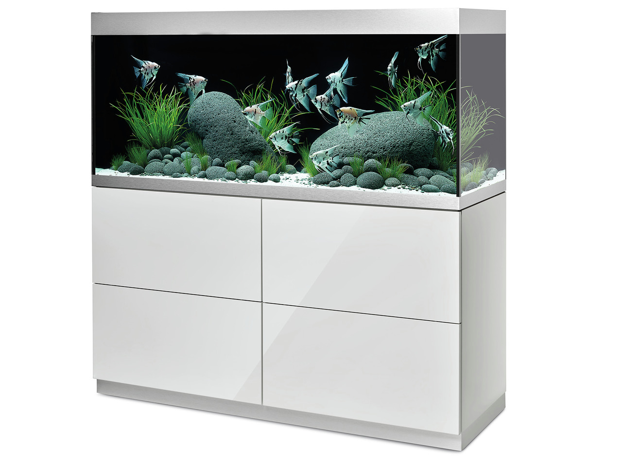 Oase HighLine Aquarium 200, für Süßwasserfische, modernes Design, weißer Unterschrank, inkl. Pflanzen, Steine & Kies.