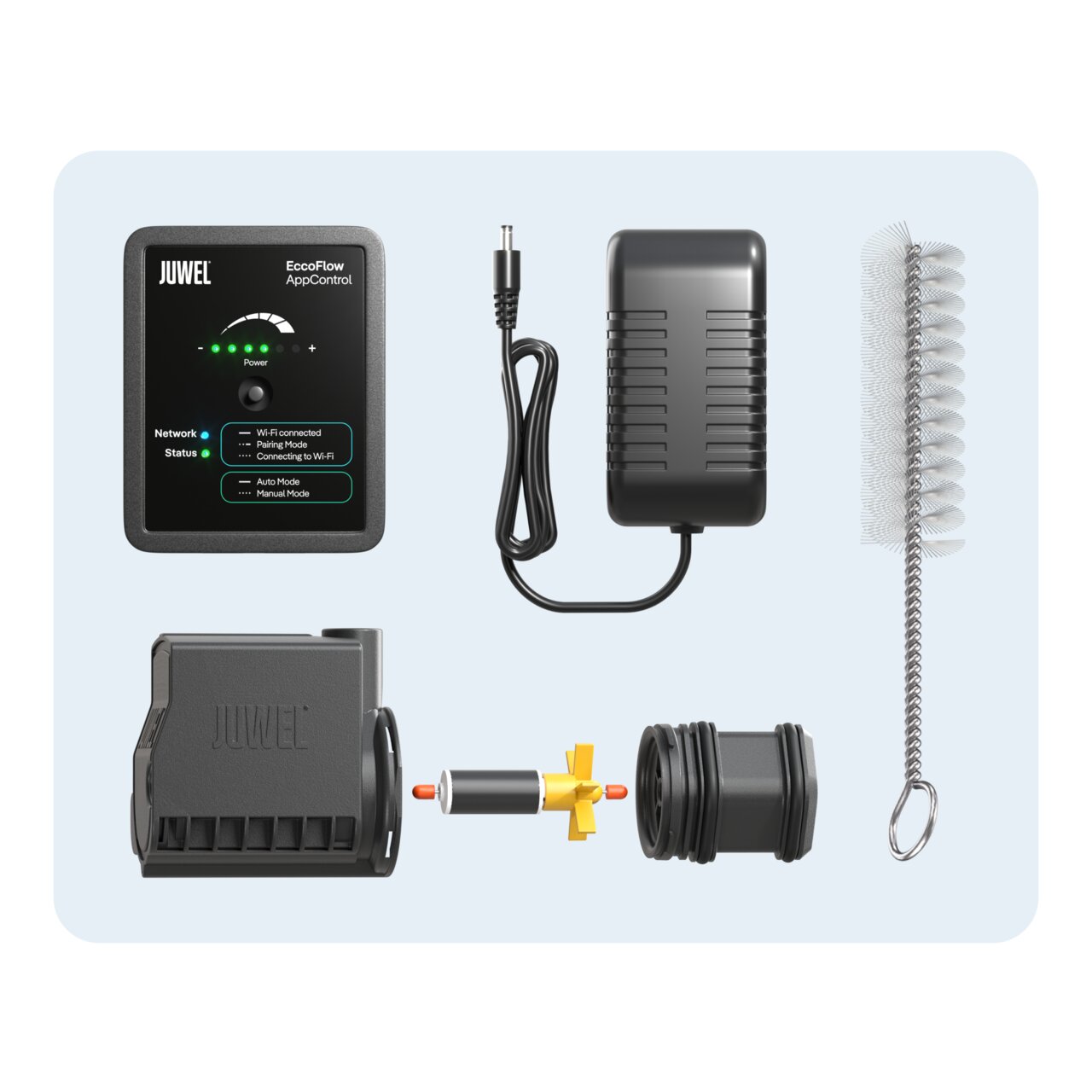 JUWEL Eccoflow AppControl Umwälzpumpe fürs Aquarium, für Süß- und Meerwasser, mit Netzteil, Rotor und Reinigungsbürste.