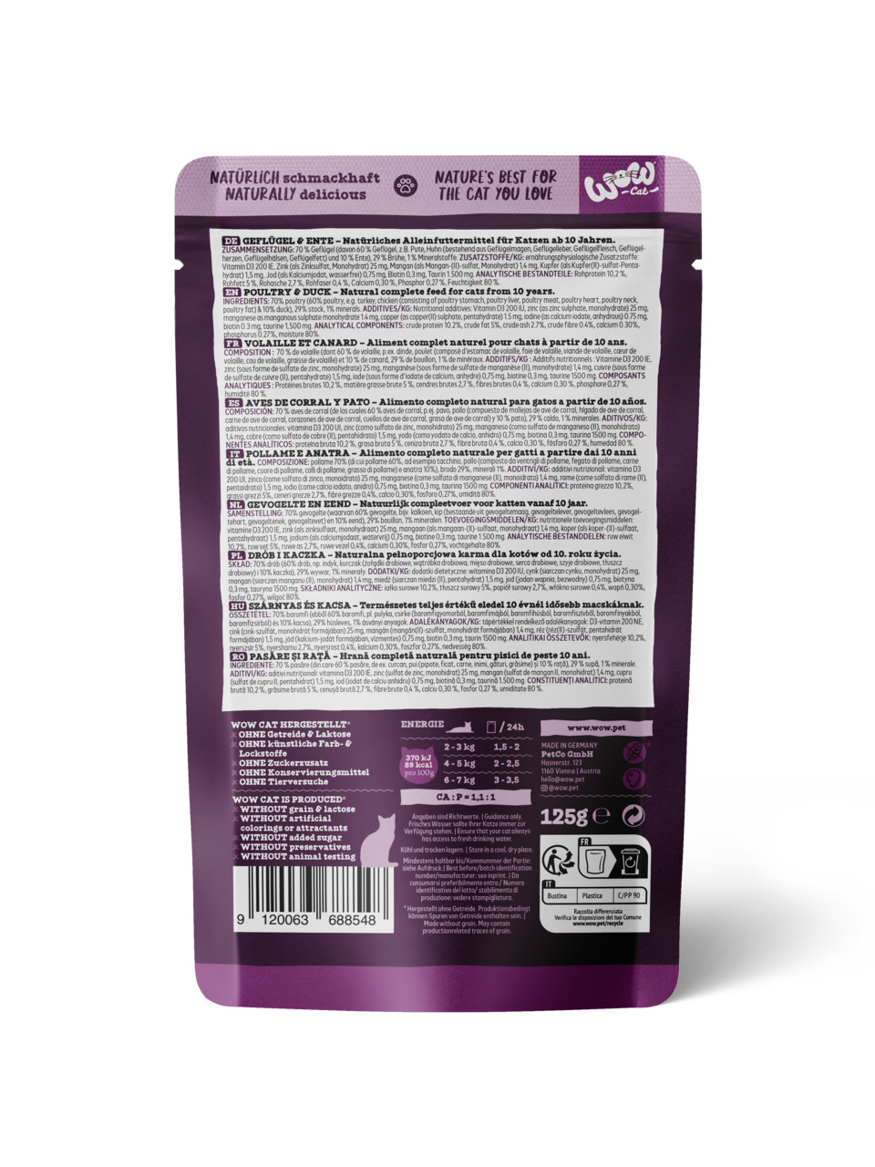 WOW CAT Katzenfutter Geflügel & Ente, ab 10 J., 125 g, ohne Getreide, künstl. Farb- & Konservierungsstoffe.