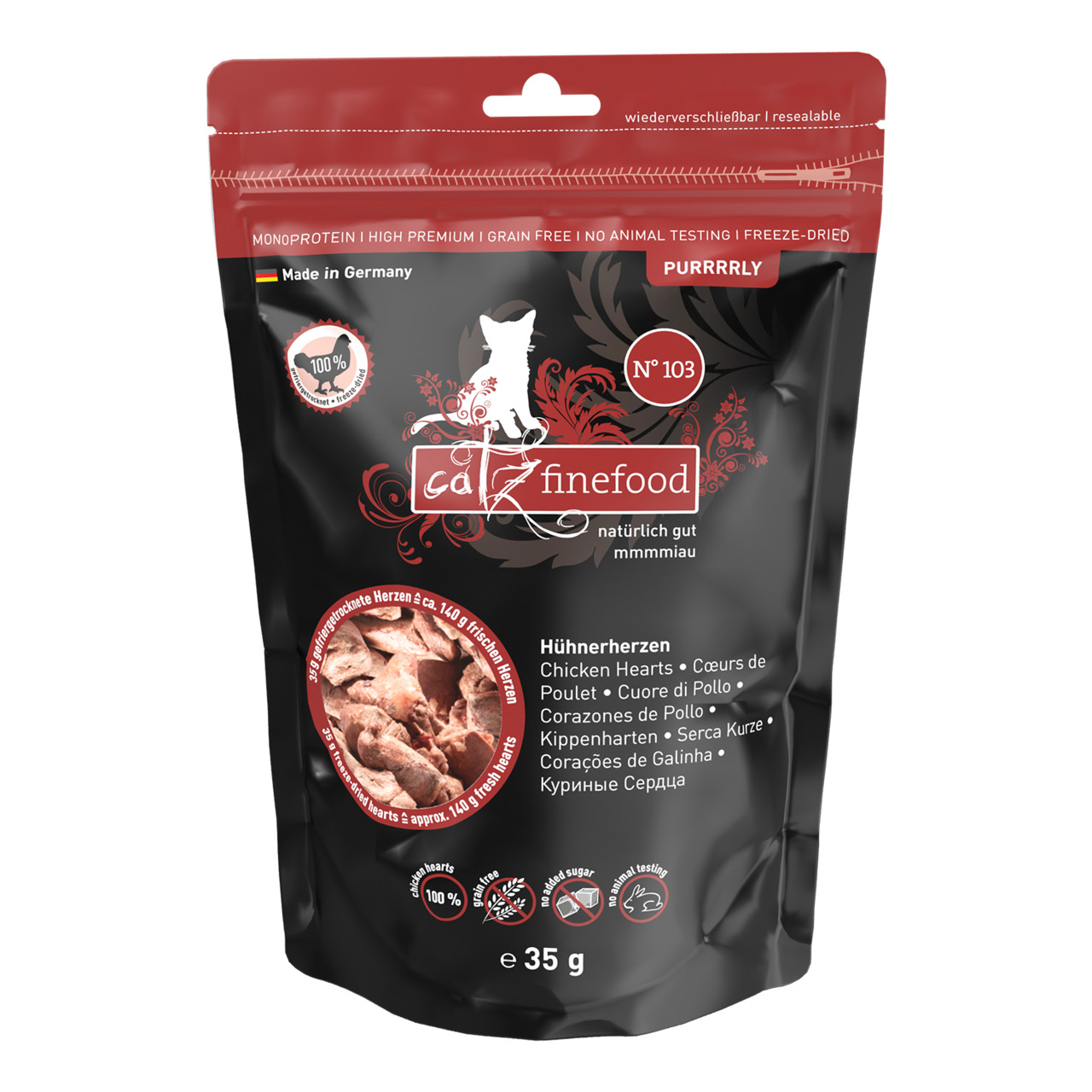 Catz finefood No. 103 Katzenfutter, Hühnerherzen, 35 g, getreidefrei, monoprotein, ohne Tierversuche, gefriergetrocknet.