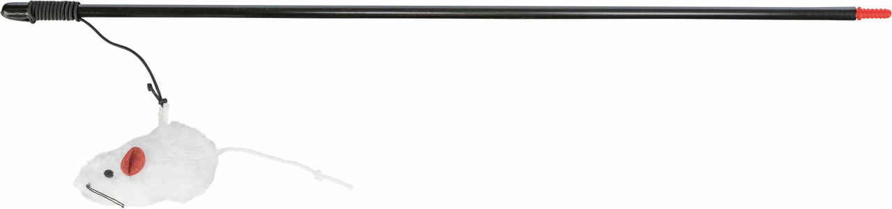 TRIXIE Spielangel mit Maus für Katzen: Schwarze Angel mit weißer Plüschmaus (rote Ohren, langer Schwanz), rote Spitze. Interaktives Spiel.