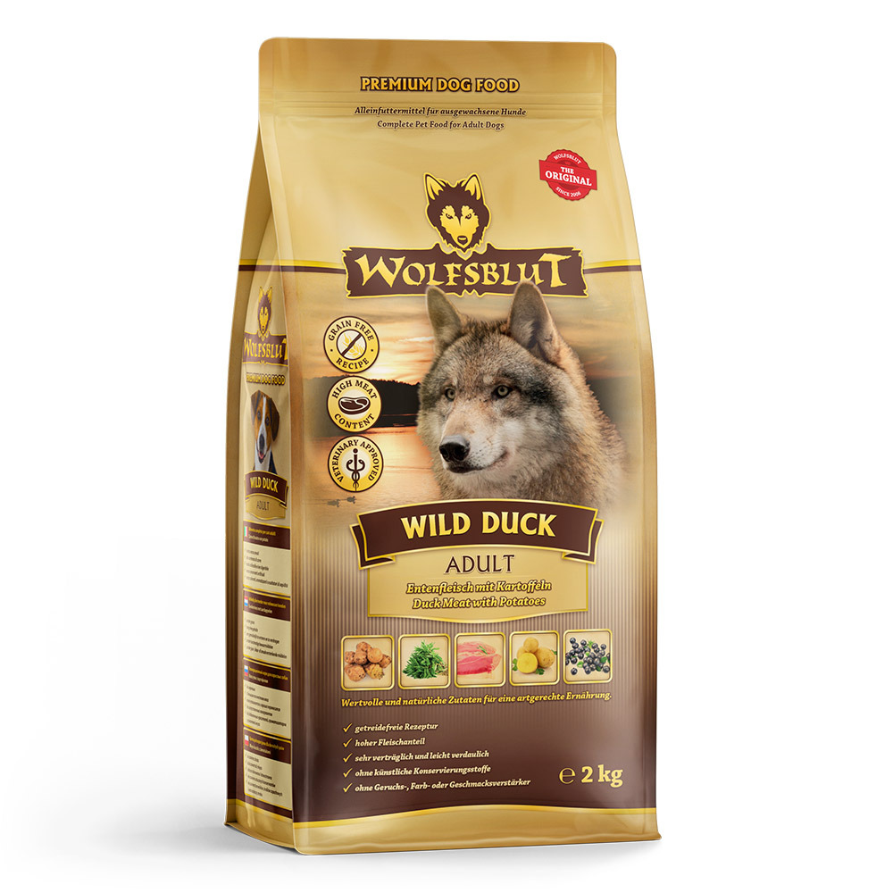 WOLFSBLUT Wild Duck Adult: Getreidefreies Premium-Hundefutter für ausgewachsene Hunde mit Ente & Kartoffeln, 2 kg, hohe Fleischqualität.