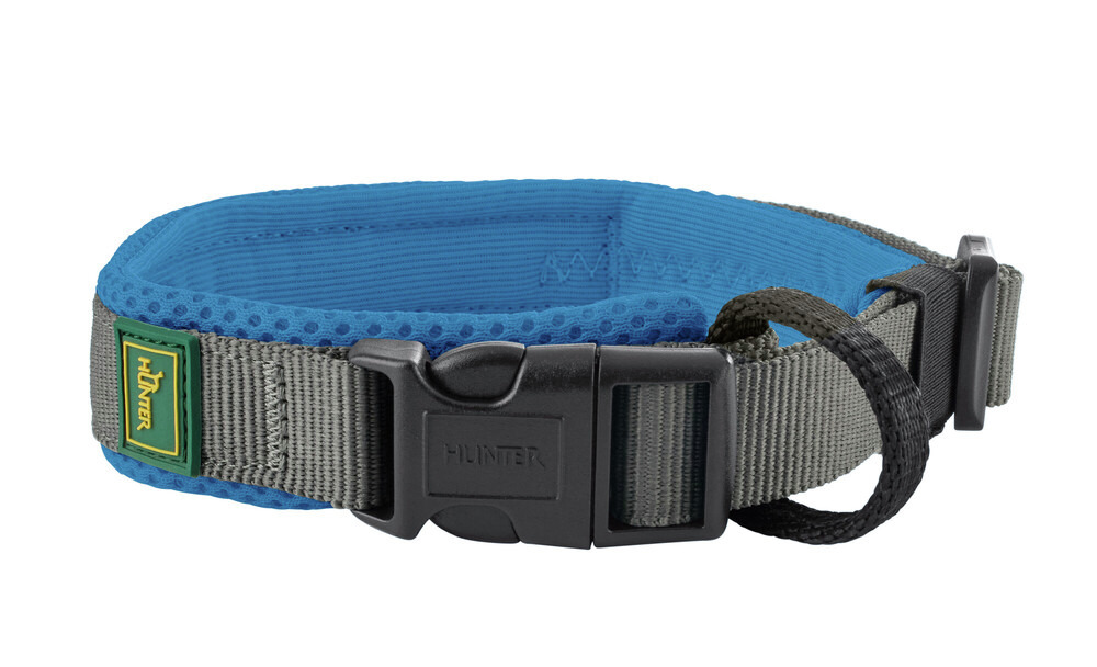 HUNTER Hundehalsband "Neopren Vario Plus", Nylon grau/blau, für alle Hunde, mit Klickverschluss & Metallring, ideal für Outdoor.