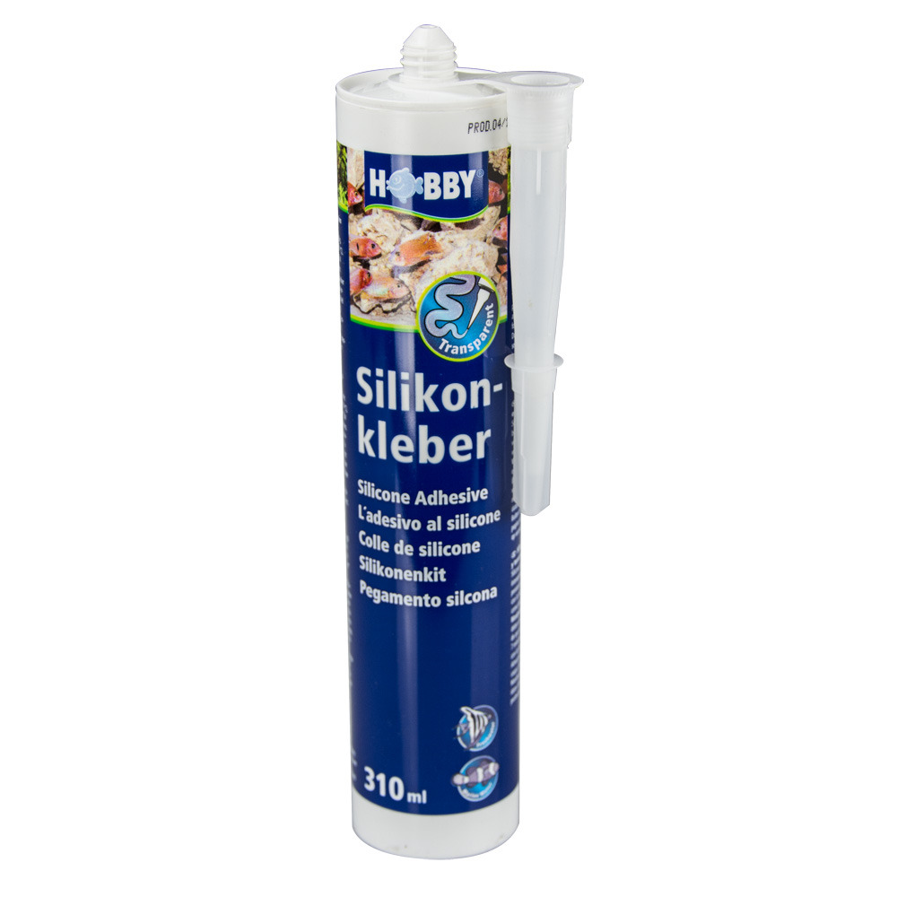 Hobby Silikonklebber, 310 ml, transparent, für Aquarien, blaue Verpackung, weißer Text, mit Logo u. Bild eines Aquariums.
