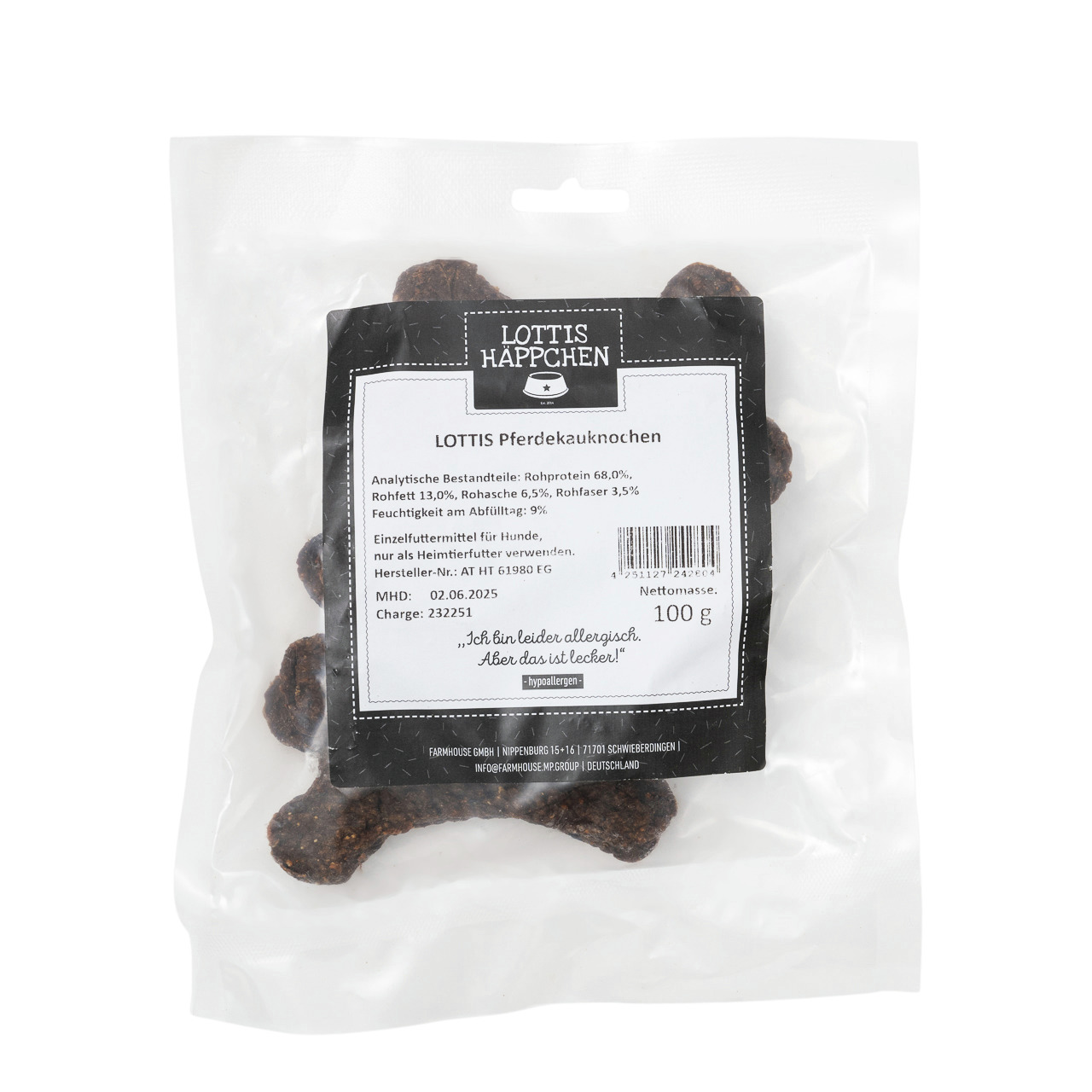 LOTTIS HÄPPCHEN Pferdekauknochen, 100 g, hypoallergenes Einzelfuttermittel f. Hunde, 68 % Protein, ideal f. empfindl./allerg. Tiere.