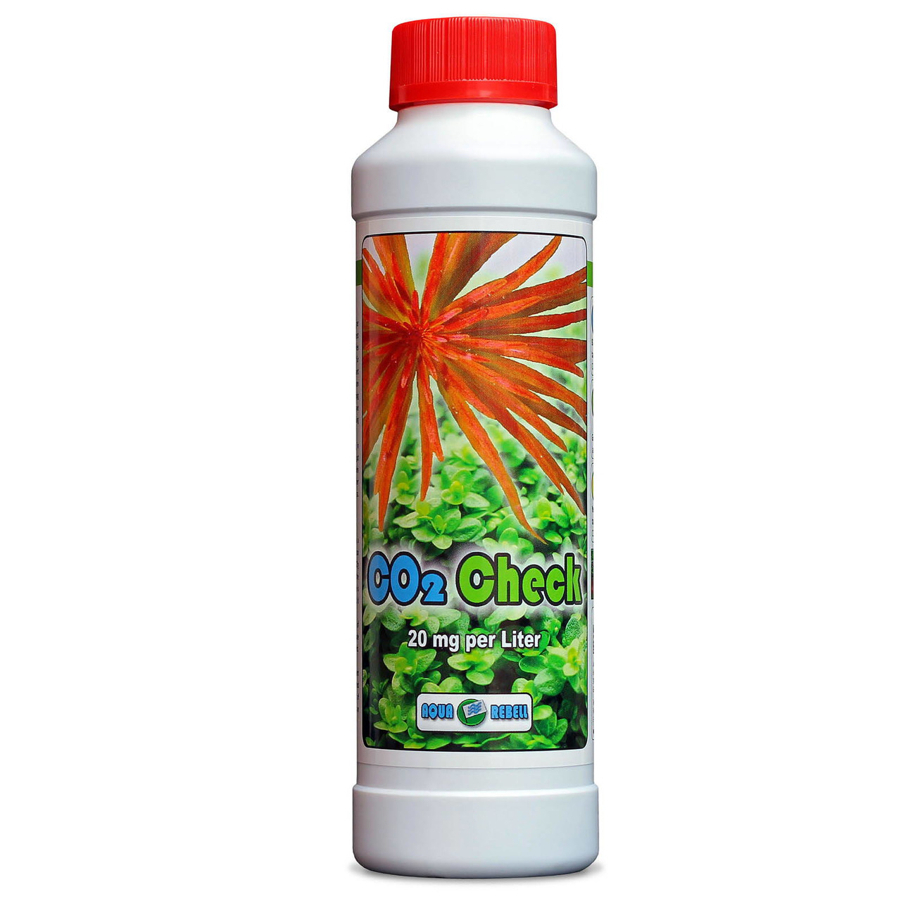 Aqua Rebell CO2 Check, für Aquarienbesitzer, zur CO2-Kontrolle, 20 mg-L, mit grünen & roten Pflanzen auf Etikett.