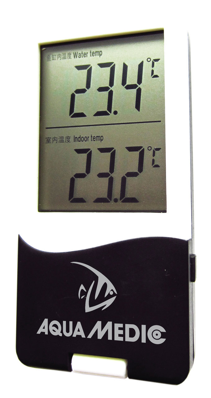 Aqua Medic Thermometer, misst Wasser- & Raumtemp., Display zeigt 23,4°C (Wasser) & 23,2°C (Raum), ideal für Aquarienbesitzer.
