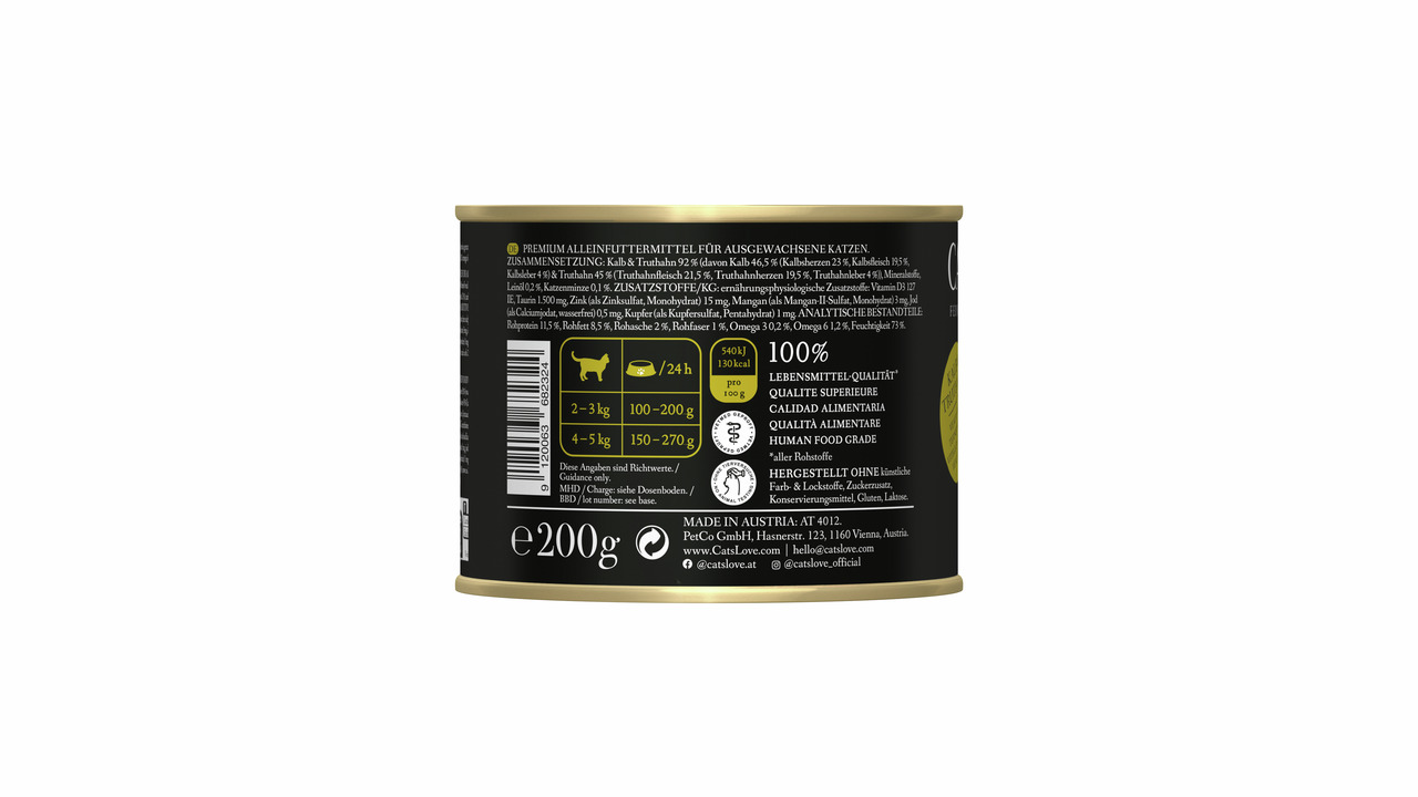 Das Bild zeigt eine 200 g Dose des Katzenfutters „Cat's Love“, einer Premium-Alleinfuttermittelmarke für ausgewachsene Katzen. Die Geschmacksrichtung ist Kalb, mit einem Fleischanteil von 65 %. Das Produkt ist in Lebensmittelqualität hergestellt, ohne Zuc