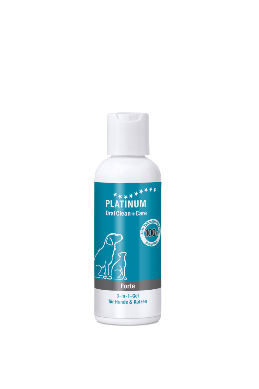 Das Bild zeigt eine weiße Flasche des Produkts „PLATINUM Oral Clean + Care Forte“, ein 3-in-1-Gel für Hunde und Katzen. Die Flasche hat ein türkisfarbenes Etikett mit einer Illustration von Hund und Katze. Es wird als 100 % natürlich beworben und dient de